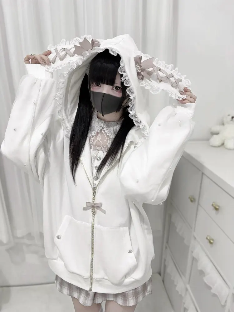 Japanese Sweet Cute Lace Bow Bunny Ear Sweatshirt Women Subculture Kawaii Loose Hooded Jacket Winter Y2k Harajuku Fashion Coat view 4