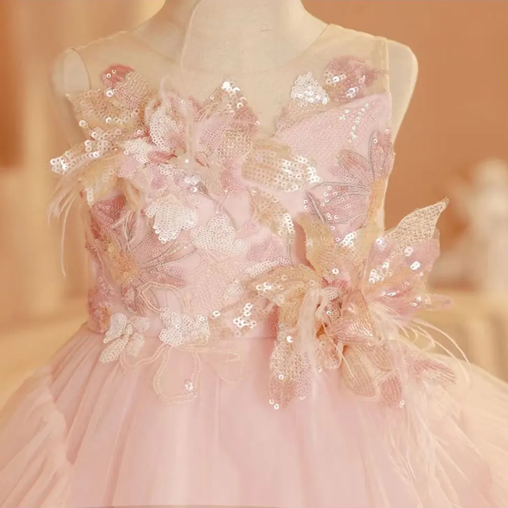 فستان فتاة الزهور الفاخرة من الريش العربي للأميرة للأطفال لحفلات الزفاف وأعياد الميلاد وحفلات التواصل المقدس 2025 #5
