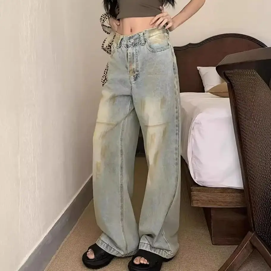 Broken Chic Trousers design jeans fashionable high-waist slim dirty pants, casual loose wide-leg pants for women