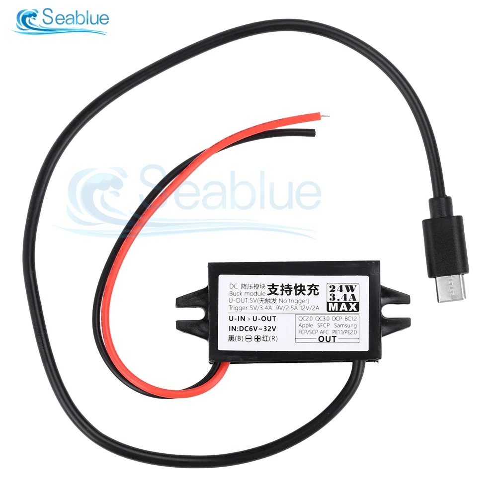 Conversor de energia para carro, dc 6-30v para 5v 9v 12v 24w, à prova d'água USB-A fêmea/tipo c usb, adaptador de saída de fonte de alimentação de tensão step down