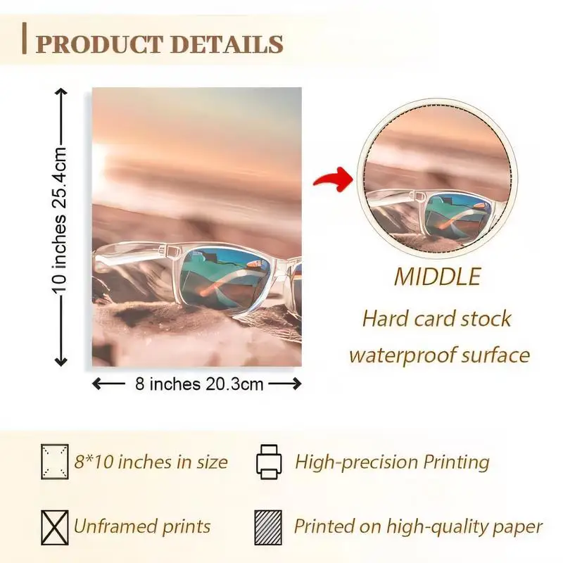 High - Precision Printed Waterproof Hard Cardstock Sunglasses Beach Art - 8x10 Unframed, Summer Coastal Decor for Home, Clear Su