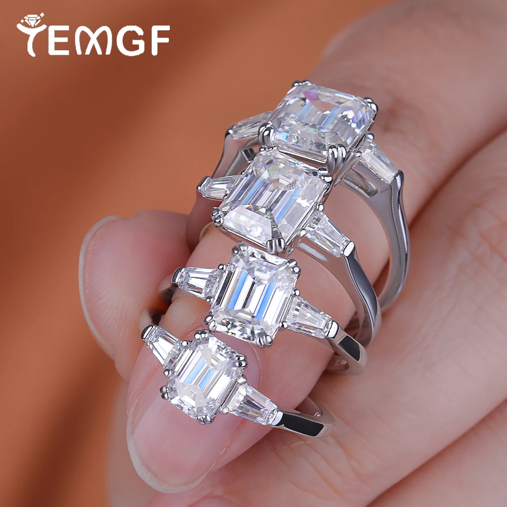 

TEMGF Full Moissanite Ring for Women 3 Stones Emerald Trapezoid Cut Diamond S925 Sterling Silver Wedding Band with Certificate