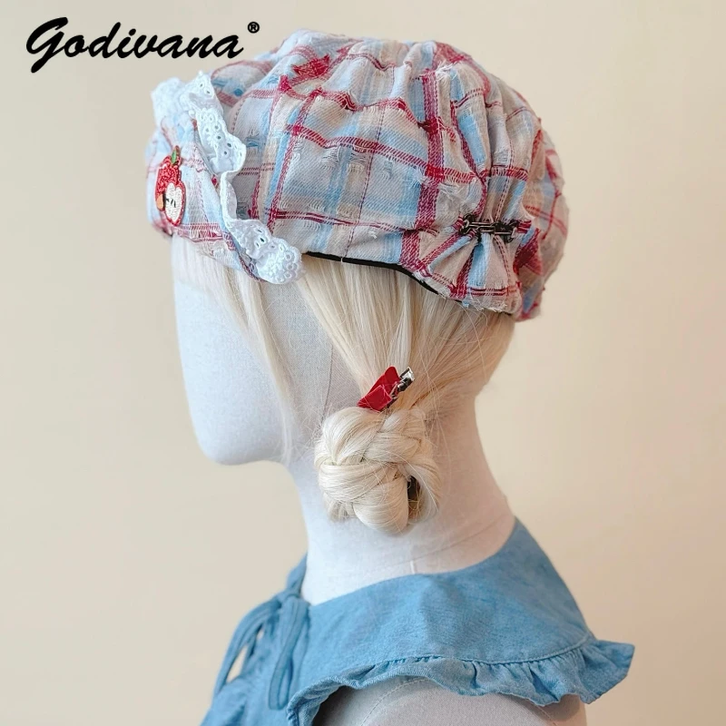 Originele Handgemaakte Kleine Apple Snoep Geborduurde Geruite Baret Nieuwe Vrouwen Lolita Caps Hoeden Meisjes Cos Baretten