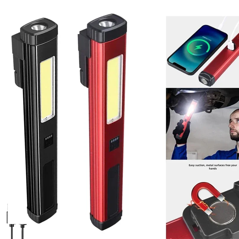 Linterna LED COB, luz de trabajo magnética, antorcha recargable por USB, gancho, linterna portátil para acampar, lámpara de emergencia impermeable para exteriores