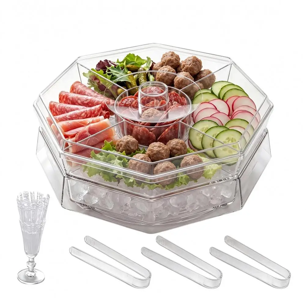 Plateau à collations multi-compartiments, plateau de service rotatif avec sections multi-compartiments, gobelet à sauce central rotatif pour les fêtes