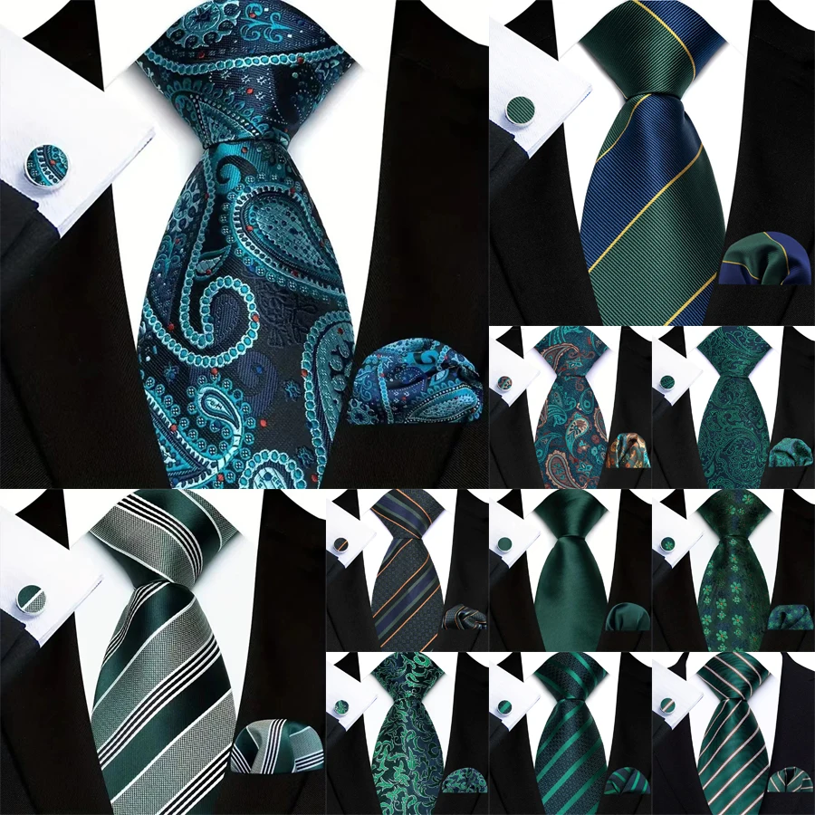 Fashion 8cm Mens Tie Dark Green Solid Paisley Striped Floral Necktie Handkerchief Cufflinks Set For Wedding Business Party