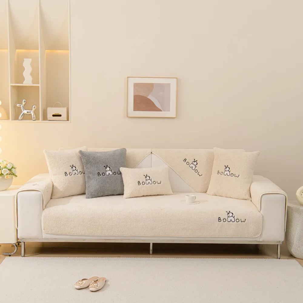 Solid Sherpa Anti-Slip Sofa Cover with PU Label Decor for Living Room Coush Seat Cover, Universal Sofa Slipcover Furniture Towel