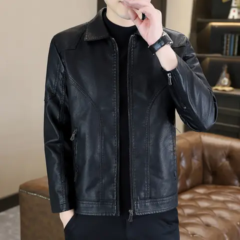 Mauroicardi Vår Höst Cool Lyxig Kort Svart Mjuk Lätt Pu Läderjacka Herr Dragkedja Casual Herrjackor och Kappor Mode 10 best sales läderjackor för män - №7