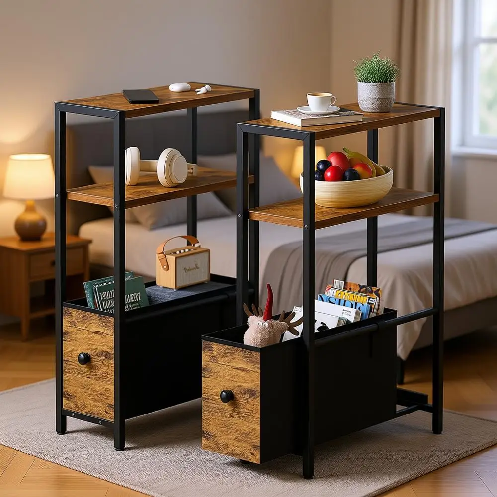 

Узкий прикроватный столик с местом для хранения - тонкий приставной столик для спальни и гостиной, компактные тумбочки, тонкие прикроватные тумбы, набор из 2 штук