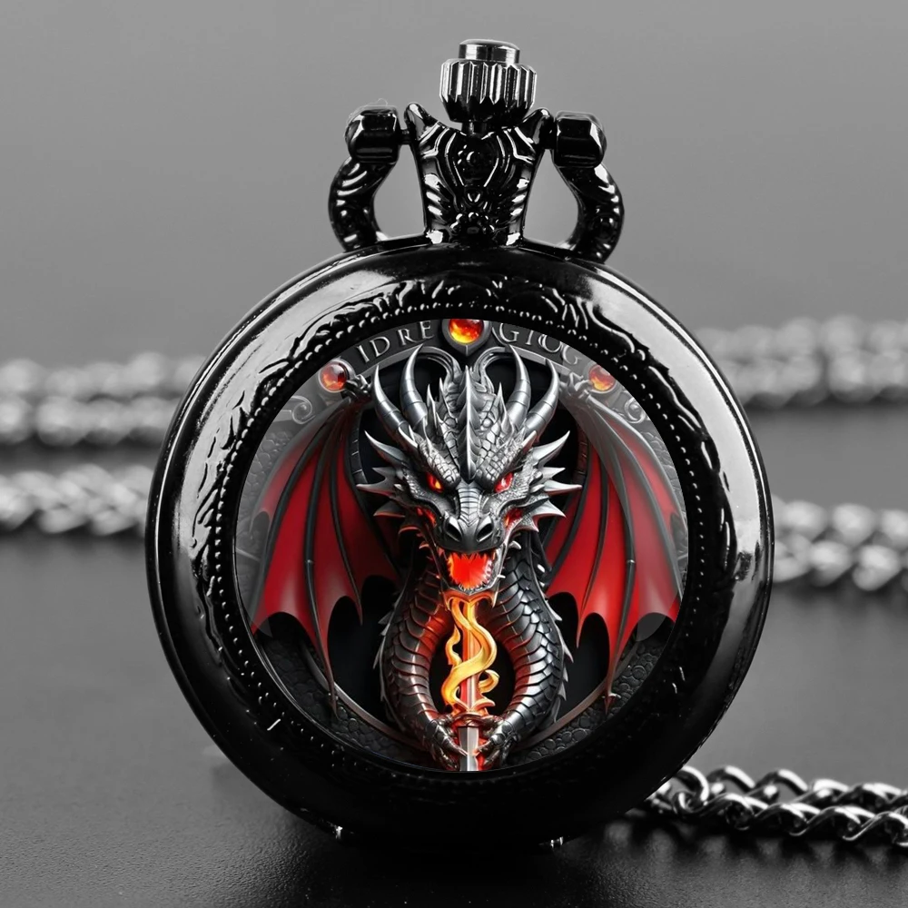 Creative Cool Wolf Dragon  Design Quartz Pocket Watch Necklace Pendant Ideal Gift for Men & Women and Kids Pendant Birthday Gift