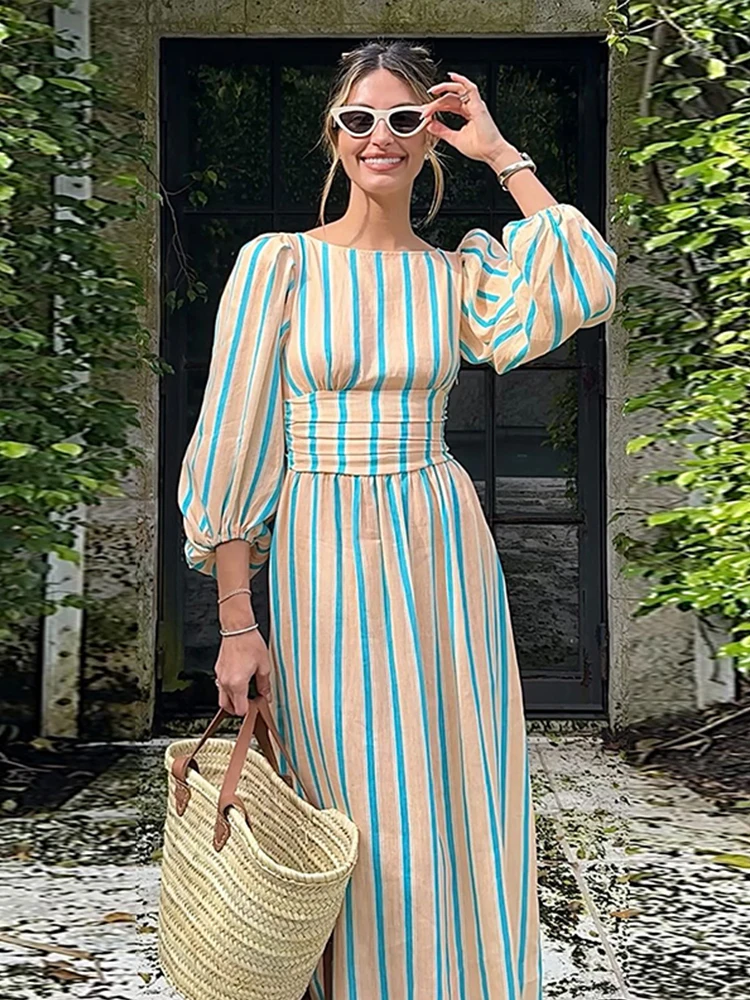 Casual Striped Lantern Sleeve Long Dress Women Fashion O-neck Backless Lace Up Female Dresses 2024 Summer Lady Holiday Robes New