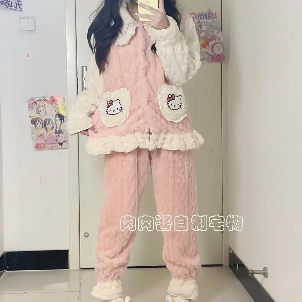 Sanrioed Anime Hello Kitty Women Pajamas Suit Cartoon Kawaii Winter Plush Coral Fleece Cardigan Homewear Warm Cute Nightwear