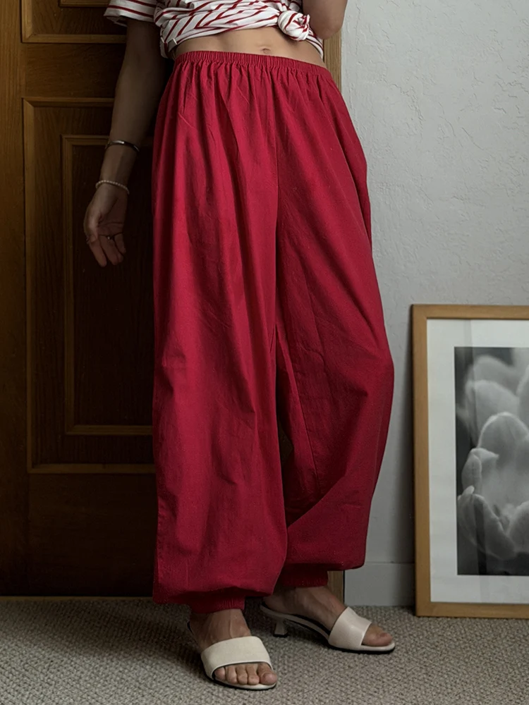 Wide Leg Red Pants For Women Cotton Long Bloomers White Autumn Elastic Waist Lantern Trousers Women Straight Practice Pants Lady