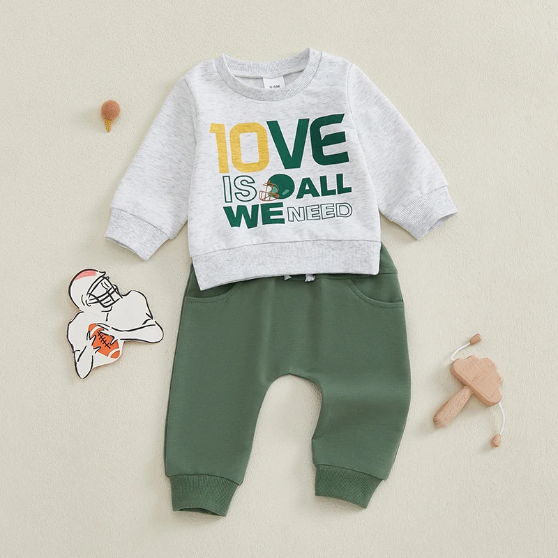 Toddler Boy Fall Outfits Letter Print Long Sleeve Sweatshirt with Solid Long Pants Rugby Clothes Set