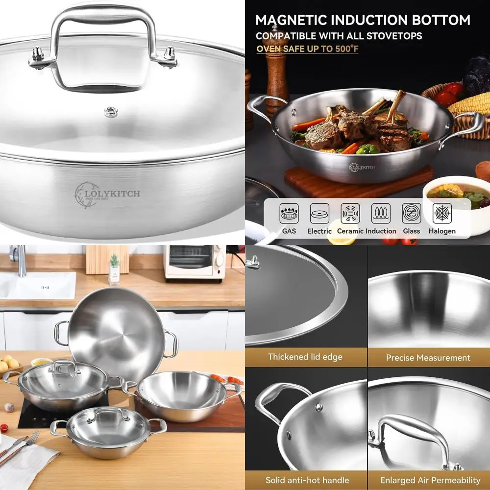 

11 Tri-Ply Stainless Steel Wok with Lid, Deep Fry Pan, Jumbo Cookware, Induction Compatible, Suitable for All Cooktops, Dishwash