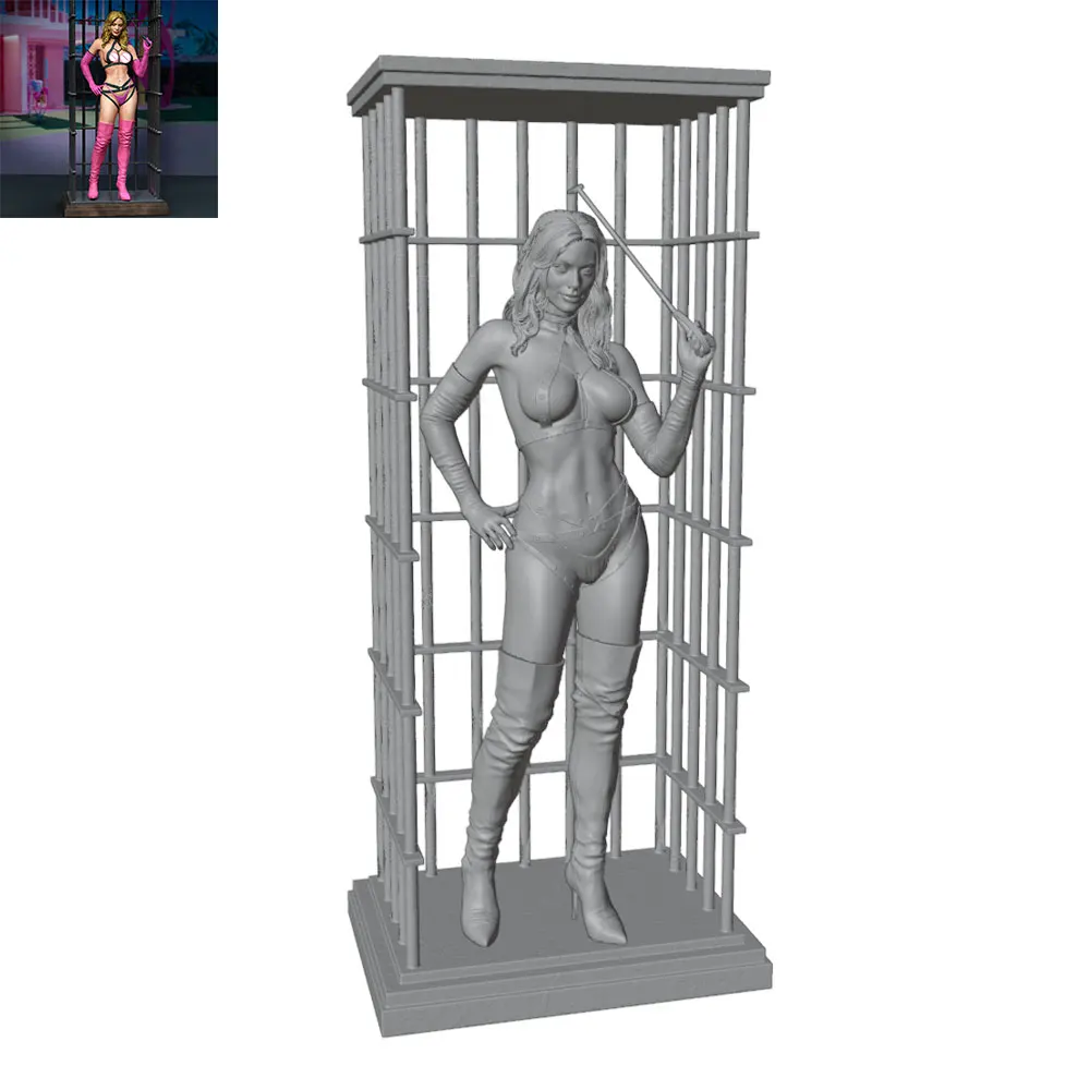 1/24/6 Cage-like girl in tight clothing holding a pointer, sexy girl resin model kit, GK mini 3D printed gray statue, unpainted.