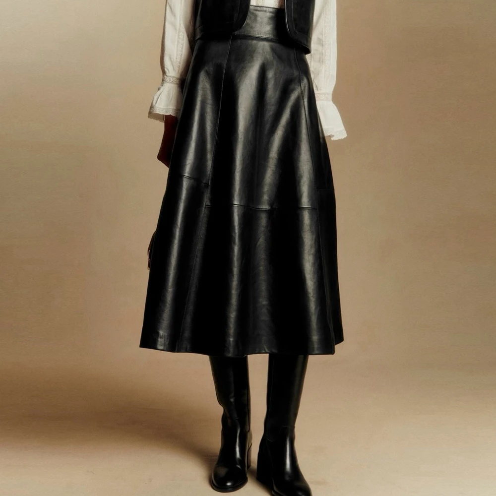 

High Street Black Leather Midi Skirt Fashion High Waist A‑Line Female Prom Party Skirts Unique Women’s Prom Skirt