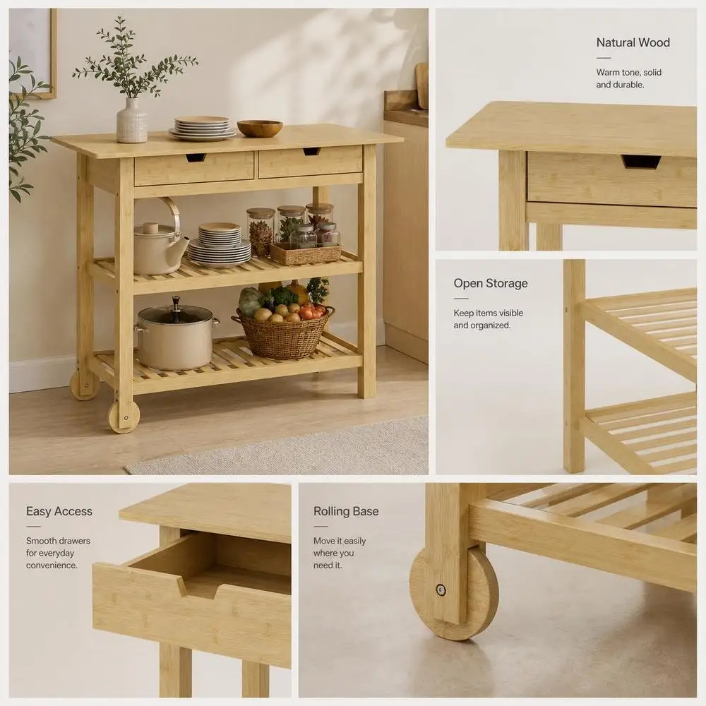 Chariot de cuisine à roulettes en bambou, avec 2 tables, 2 étagères, 100 x 43 x 75 cm, bois naturel