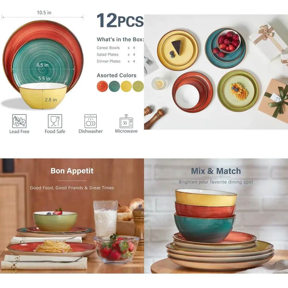 

12-Piece Stoneware Dinnerware Set: Microwave, Oven, and Dishwasher Safe Porcelain Plates and Bowls for 4, Scratch Resistant