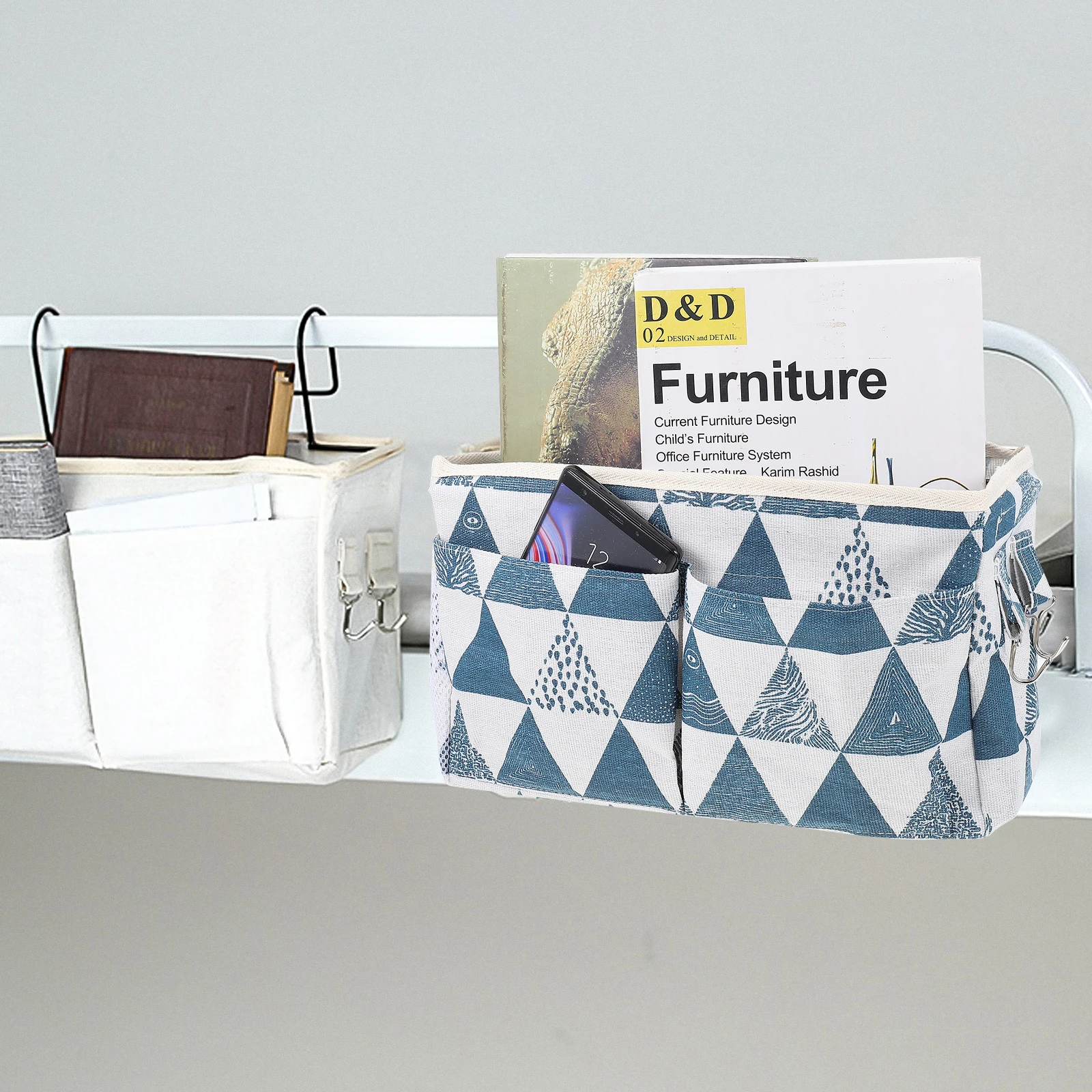 

Bedside Storage Bag Hanging Pouch Cotton Linen Material Iron Tidy Capacity Save Space Books Controller