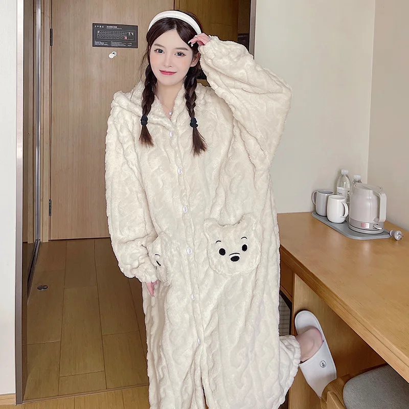 Cartoon Women's Winter Bathrobe Warm Thick Long Sleeve Ladies Dressing Gown Hooded Single Breasted Solid Sleepwear for Female