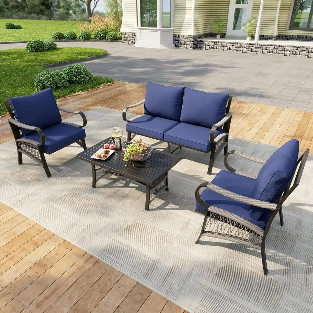 

4 Pieces Patio urniture Set, Outdoor All Weather Metal Contion Sets with 2 Single Chairs, 1 Loveseat Soa, 1 Coee Table or Backya