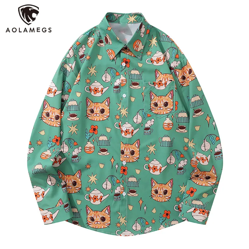 

Men's Shirts Cat Pattern Long Sleeve Blouse Harajuku Casual Loose Tops Childlike Versatile Funny Button Clothes Unisex New