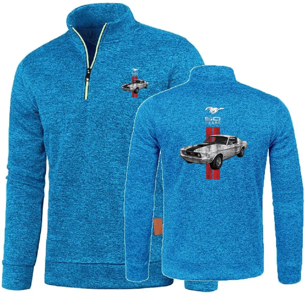MEN Hoody Ford Mustang Tops Youth Mustang 50 Years Classic Car Logo Men Pullover Sweater Half Zipper Fleece Pullover S-5XL