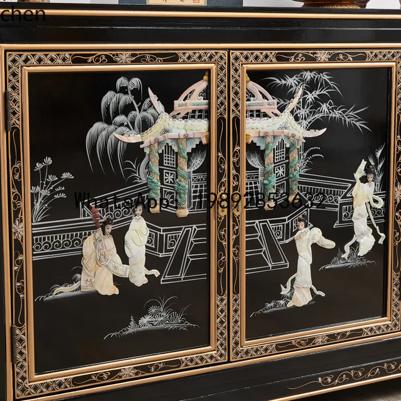 YFY  Lacquer Solid Wood Shell Six-Drawer Two-Door Cabinet Sideboard Mother-of-Pearl Craft Ming-Qing Classical Painted Furniture