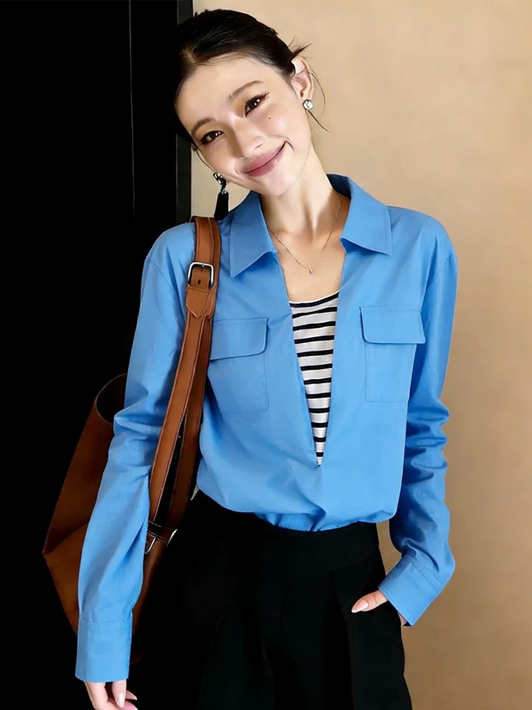 

Весенняя модная женская рубашка с полосатым воротником в стиле пэчворк, синий топ свободного кроя с длинными рукавами для всех возрастов