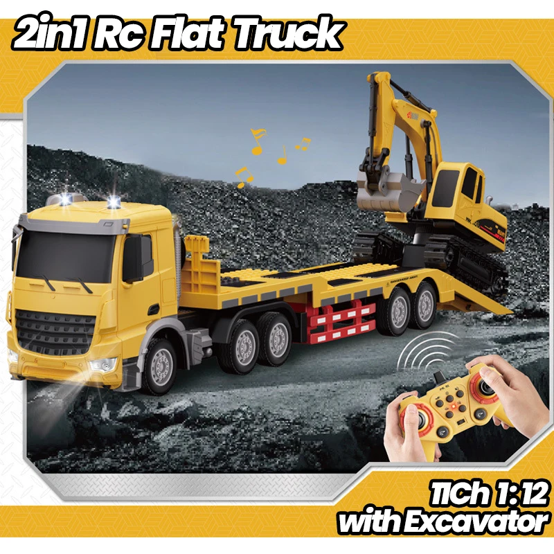 

1:12 Rc Flat Truck with Excavator 11Ch Alloy Engineer Vehicle 2.4G Remote Control Car Radio Controlled Trailer Toys for Boy