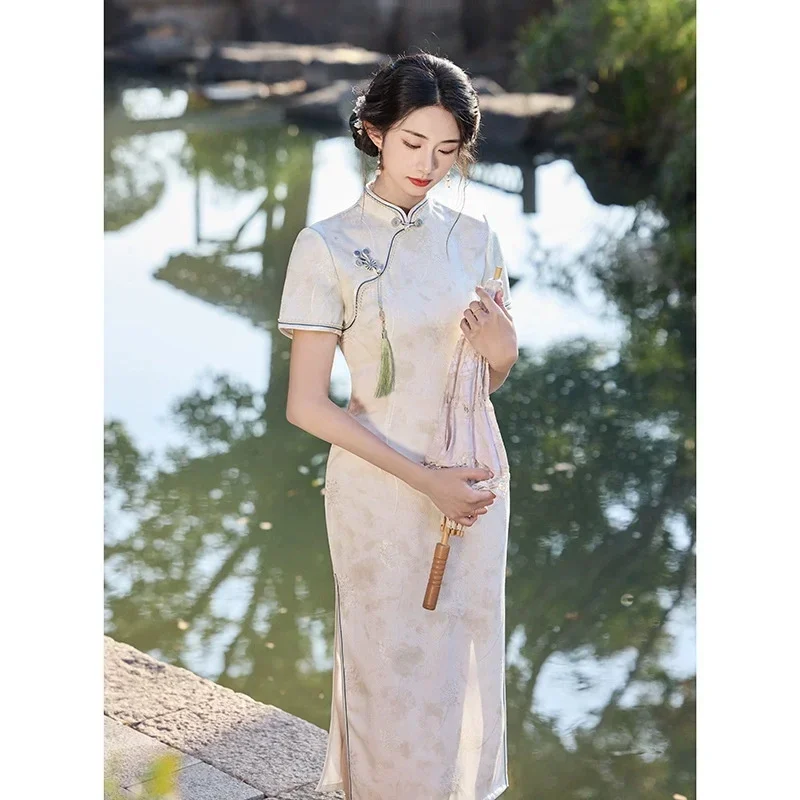 

Весна/Лето 2023, новое платье Cheongsam с принтом, длина рукава из трех частей, улучшенное однослойное платье Cheongsam для девочек