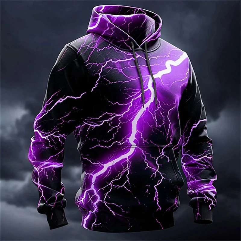 

Vintage Men's Sweatshirts 3D Lightning Graphic Print Casual Hoodie Autumn Oversized Clothing Harajuku Oversized Hooded Pullovers