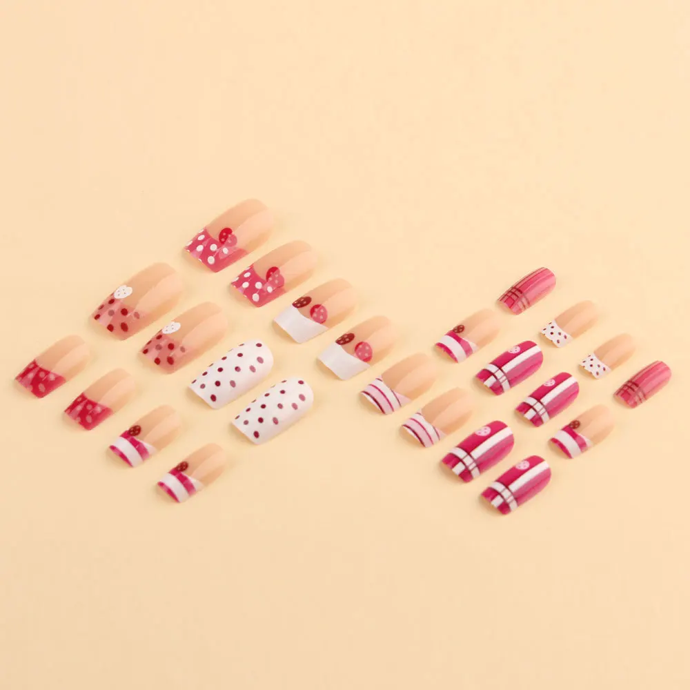 24 Stück Rosa-Weiße Französische Press-On-Nägel mit Niedlichen Herz-Knopf-Designs, Falsche Nägel mit Polka Dots und Karomuster für Süße Mädchen – Detail 5