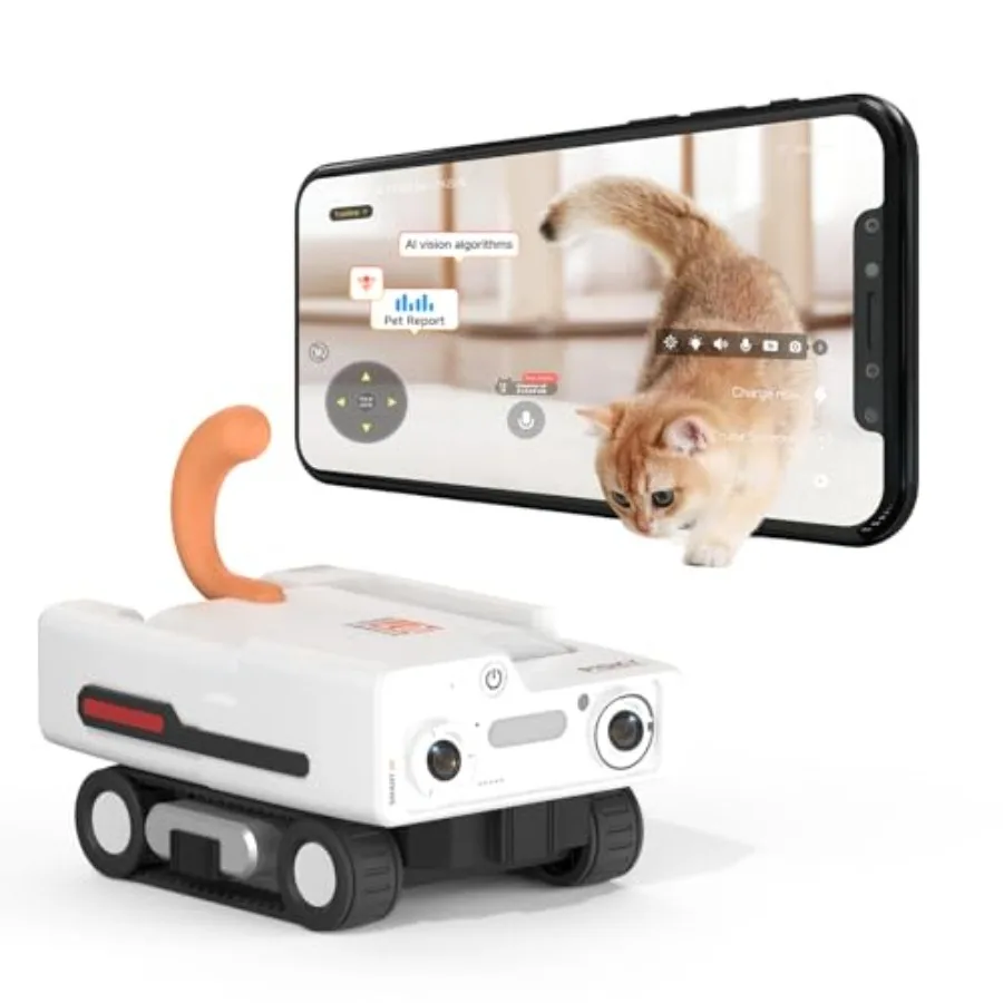 

Smart pet robot camera for cats and dogs: ABS plastic white 2K AI camera with auto-follow laser toy night vision 2-way audio be