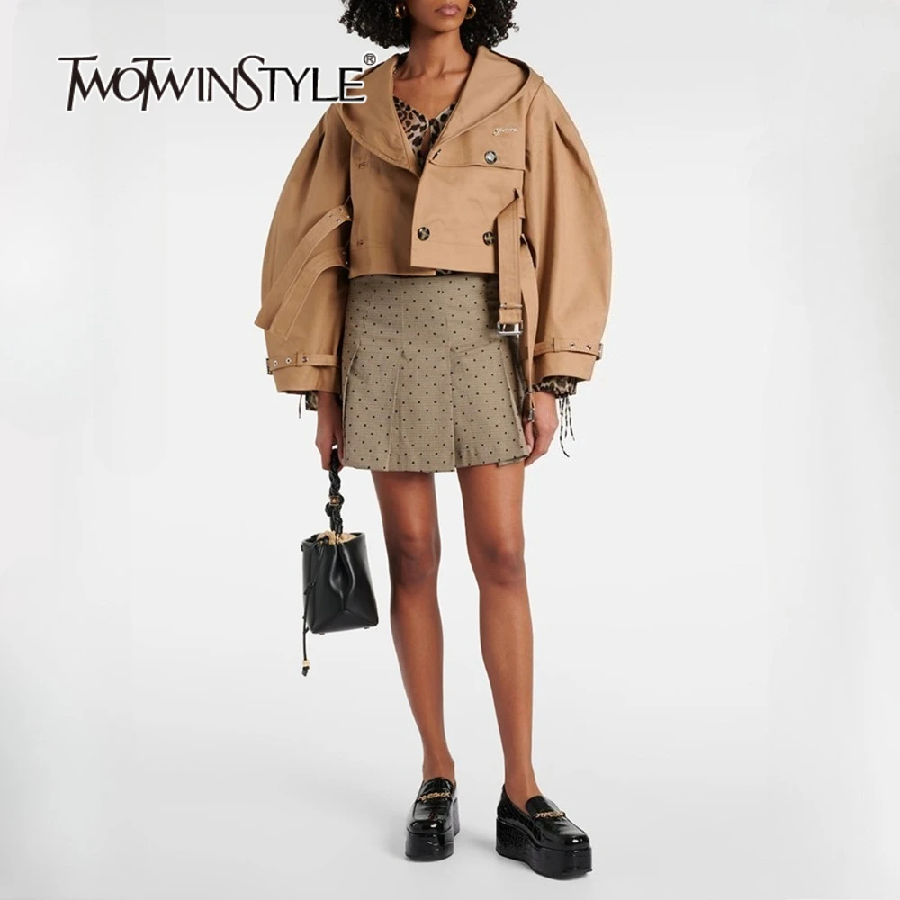 

TWOTWINSTYLE однотонные сращенные ремни, дизайнерские тренчи для женщин, с лацканами и длинными рукавами, лоскутные пуговицы, модный женский плащ, новый
