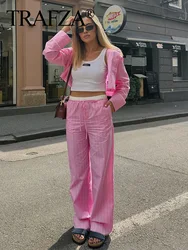 TRAFZA 2024 Women Sweet Pink Striped Splicing Pants Casual Loose Drawstring Mid Waist Straight Leg Pant Female Fashion Trousers