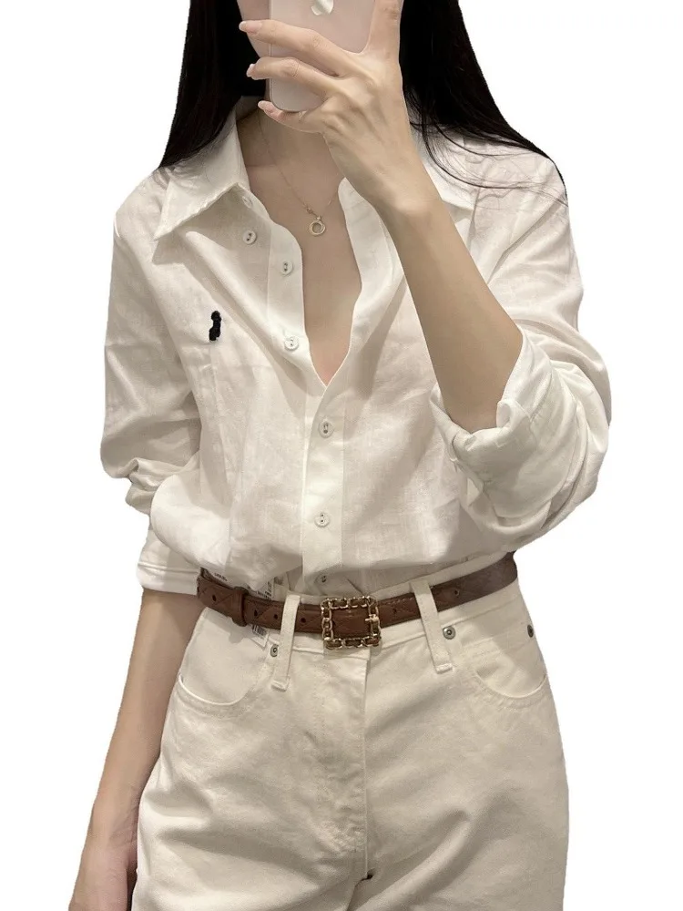 Fashion Shirt Women Embroidered Top Summer Thin Linen Solid Color Blouse Long Sleeved Casual Versatile Loose Sunscreen Shirt