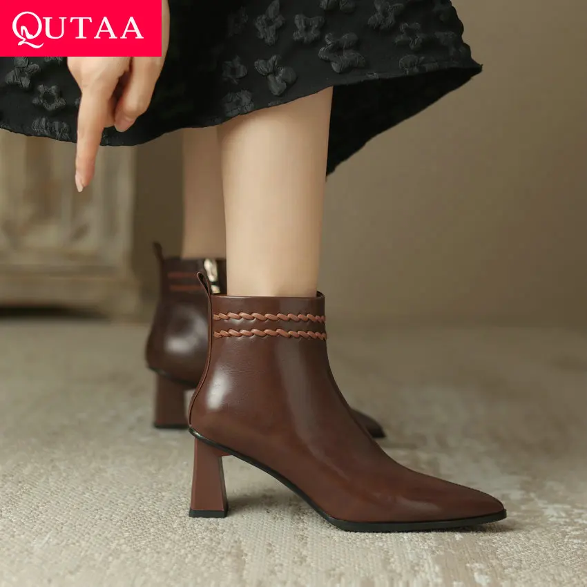 

QUTAA 2024 Women Ankle Boots Autumn Winter Genuine Leather Zipper Pointed Toe Casual Working Short Boots Shoes Woman Size 34-39