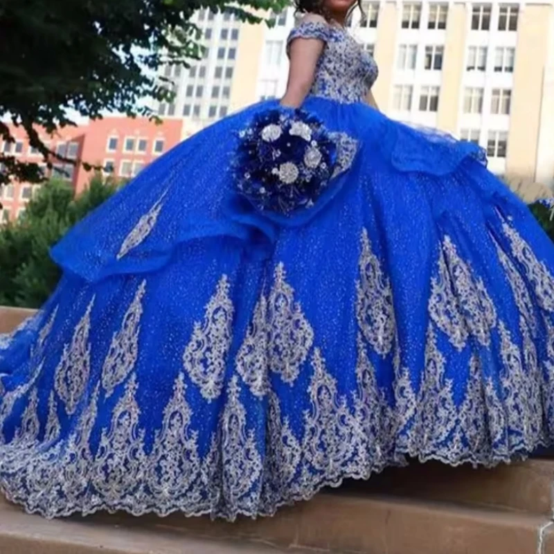 

A1514 Luxury Mexican Blue Women Birthday Party Dress Cap Sleeve Lace Applique Ball Gown Prom Quinceanera 15 16 14 New Customized