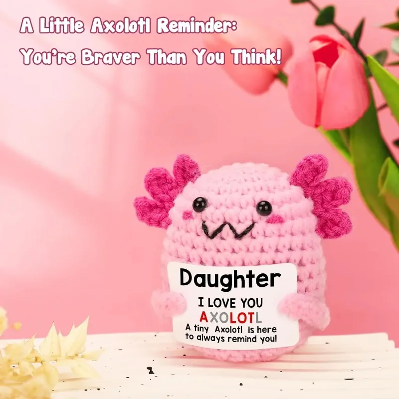 Positive Axolotl Poupée Tricotée - Lot De 2 Câlins De Poche Mignons - Cadeau Motivation Et Amitié