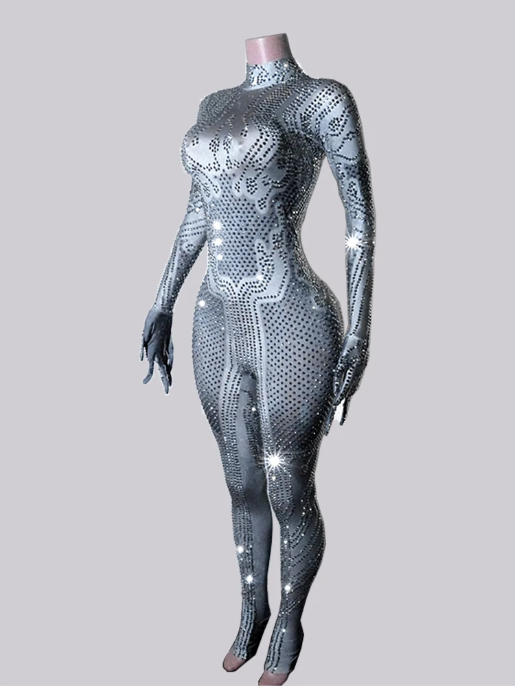 Combinaison à manches longues en cristal argenté à paillettes, Costume de traînée, spectacle de chanteur, spectacle de Femme, tenue pour fille, Club de Festival