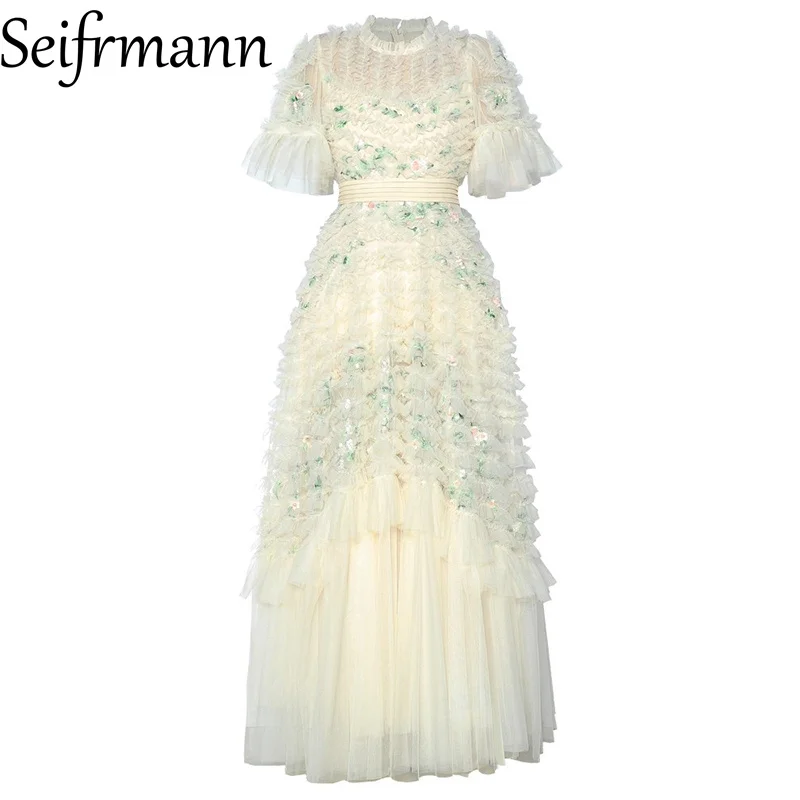 Seifrmann 2026 printemps femmes nouvelle lumière luxe et élégance col rond manches courtes maille broderie taille cintrée robe