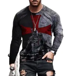 Funny 3D Crusader Knights Print T Shirt For Men Casual O-neck Long Sleeve T-Shirt Hip Hop Trend Vintage Clothes Cotton Men's Top