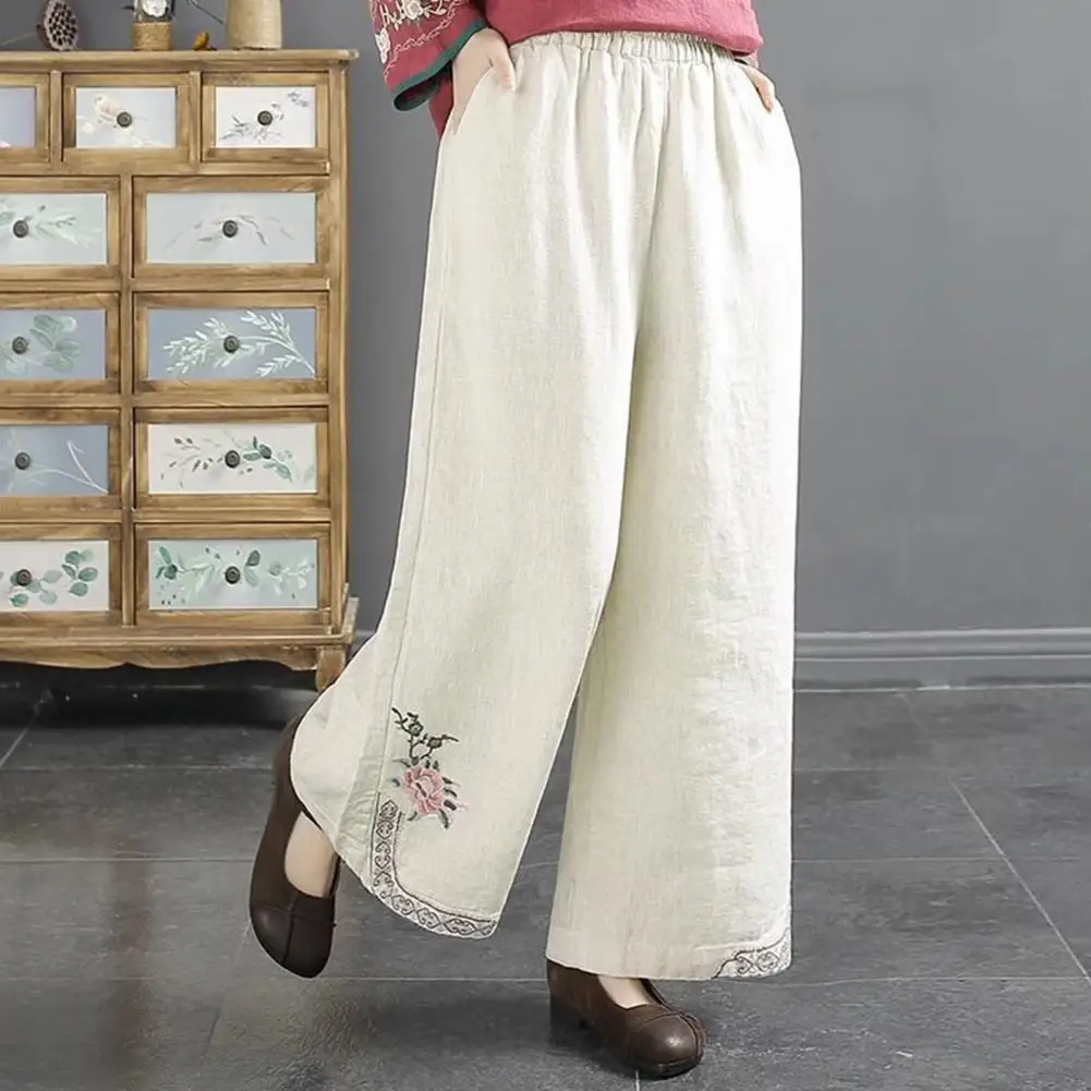 

Women Chinese Style Long Pants Elastic Waist Wide Leg Casual Trousers Pockets Design Loose Fit Retro Pants Pantalones De Mujer