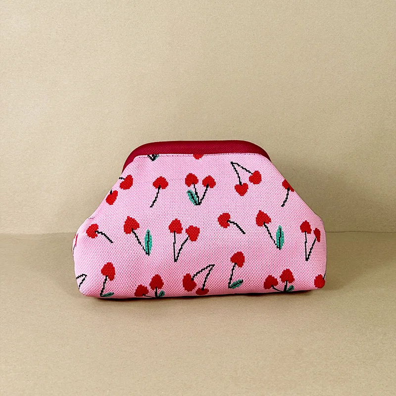 Cherry Flower Pattern Women's Knitted Clutch Bag Fashionable Polyester Material Handbag Purses Small Woven Crochet Beach Bag