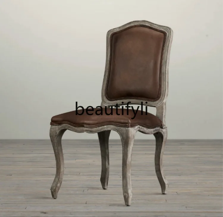 

American-style Simple Oil Wax Genuine Leather Office Chair French Country Vintage Solid Wood Dining Chair
