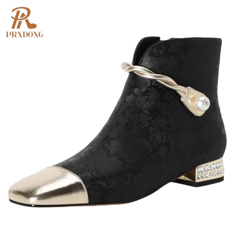 PRXDONG New Fashion Women ANkle Boots Leather Crystal Low Square Heels Black Apricot Zipper Dress Party Female Shoes Size 34-40