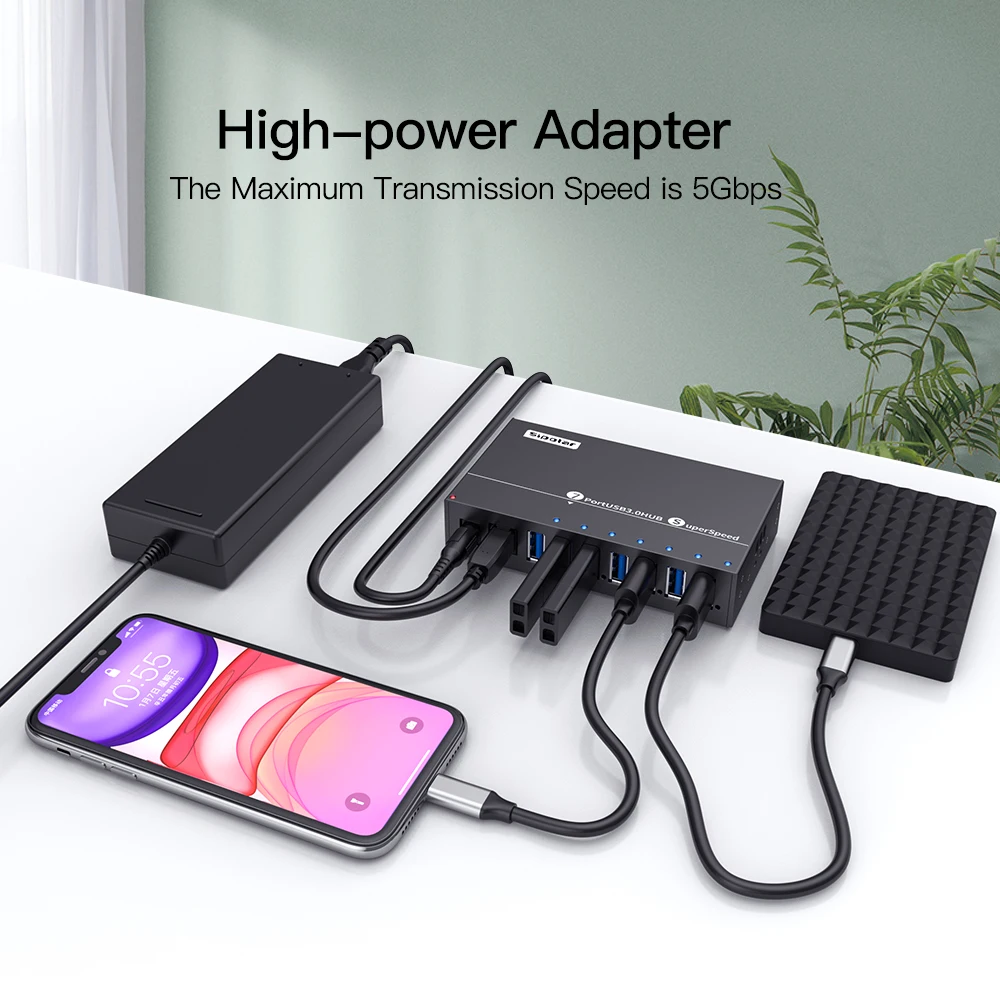 A173 7 Ports USB3.0 Metal Industrial Hub 12V 5A USB Splitter Blue LED Light For Notebook Phone Batch Data Transfer - view 4