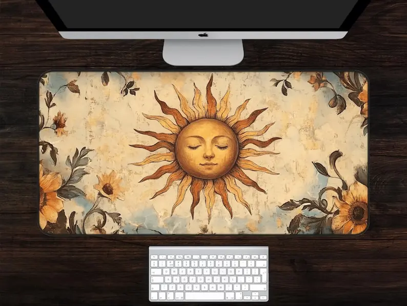 

Retro Sunflower and Sun Desk Mat, Praising The Sun, Vintage Placemats, Large Sun Placemats, Sunflower Mousepad, Sun Mouse Pad